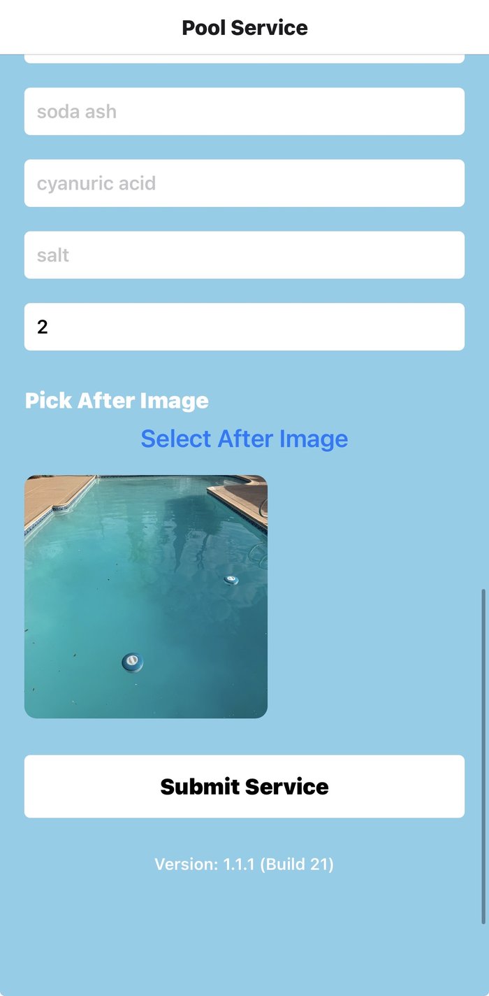Service form continued: after photo of the same pool, now clean and blue, ready to submit