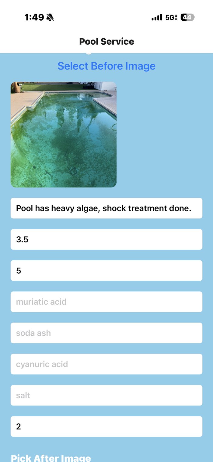 Service form: before photo of an algae-green pool, technician notes 'Pool has heavy algae, shock treatment done', chemical amounts entered